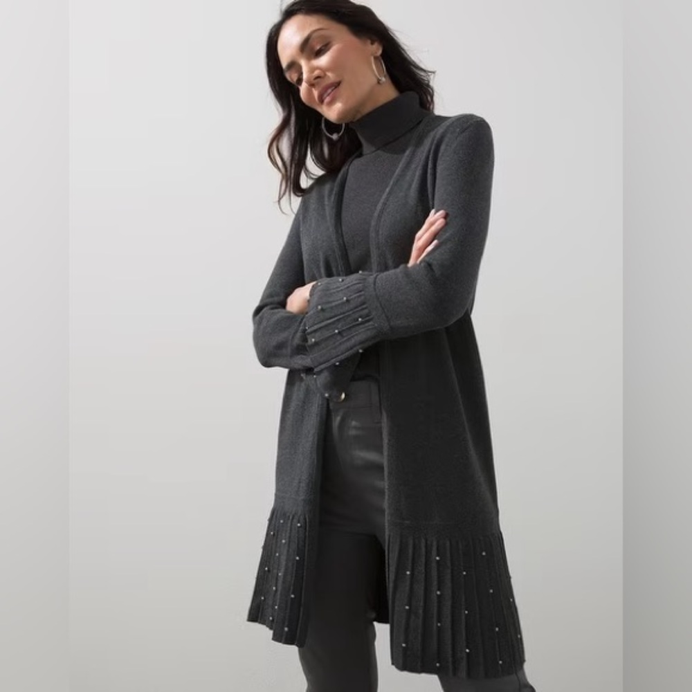 NWOT Chico’s Faux Pleat Pearl Embellished Cardigan in Graphite Gray Size Lp